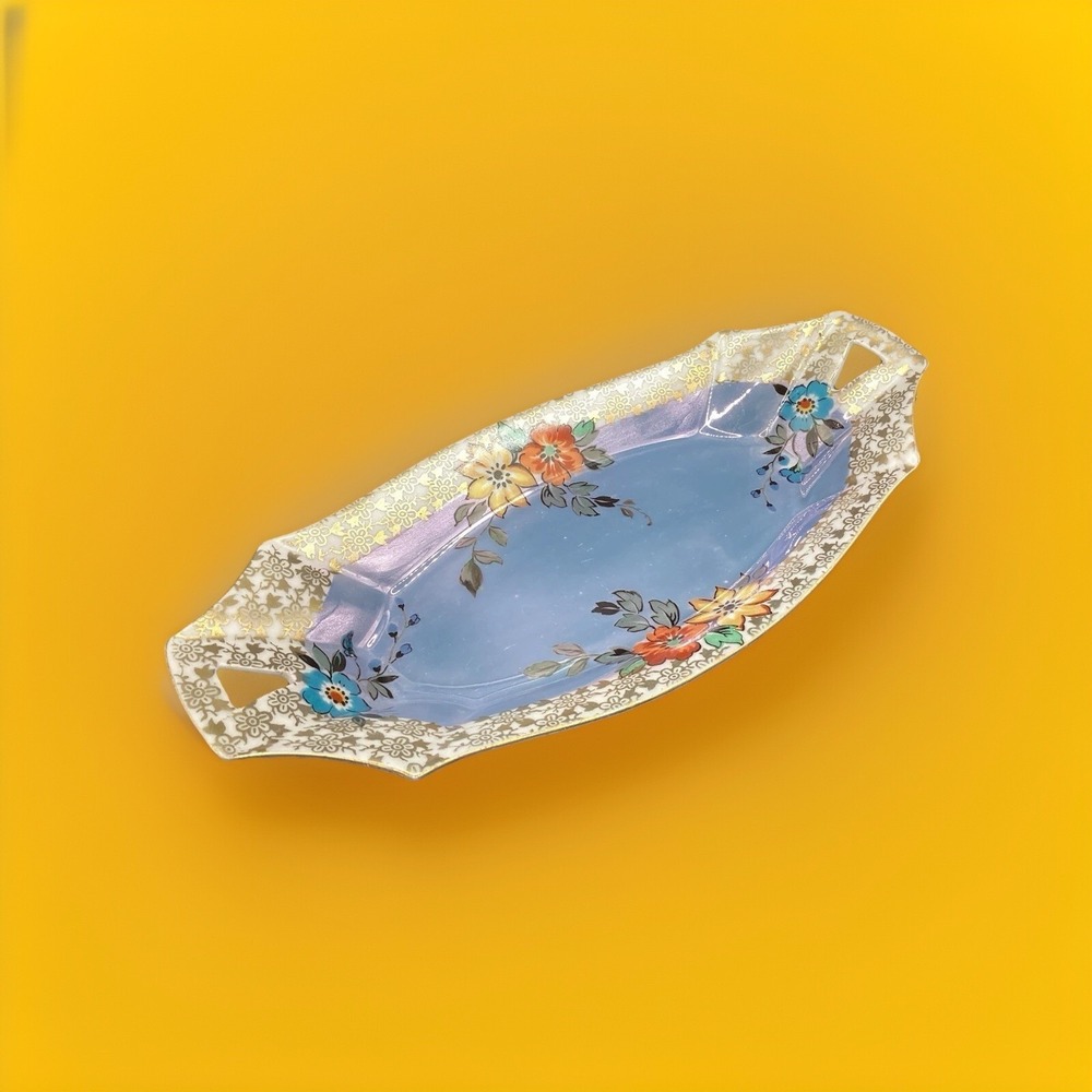 Vtg. RS Royal Silesia Luster Handpainted‎ Floral Celery Dish-Germany Collectible